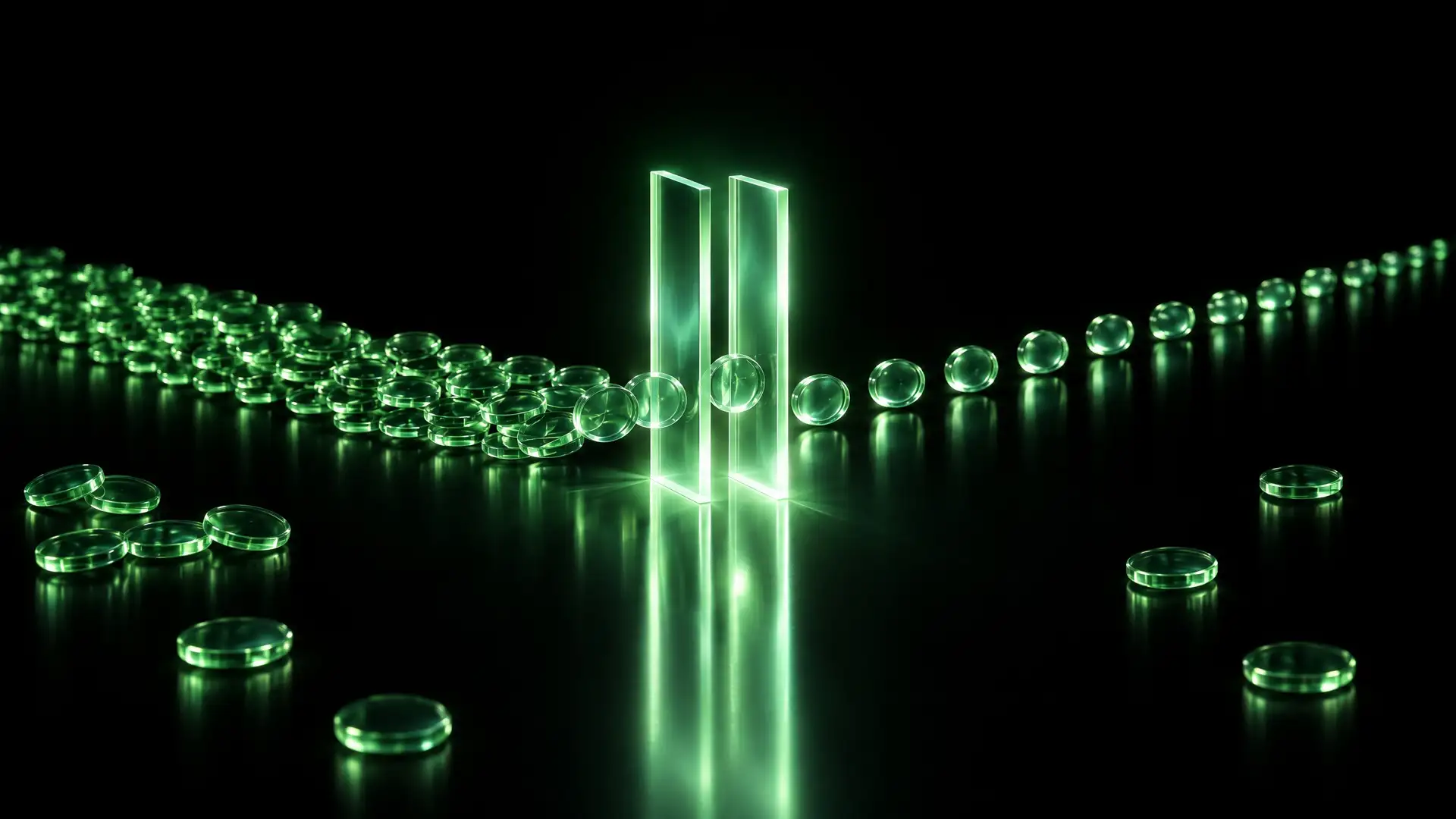 Imagem abstrata em fundo escuro: um amontoado de fichas de vidro verde passa, uma de cada vez, por um portão estreito de duas placas iluminadas e segue em fila organizada, sem texto.