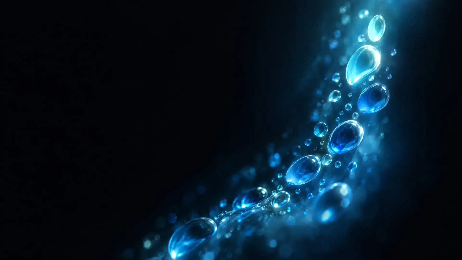 Imagem abstrata em fundo escuro com uma onda de gotas de vidro que sobem da esquerda para a direita, cada uma um pouco mais brilhante que a anterior, em tons de azul-gelo, azul-céu e azul-oceano.