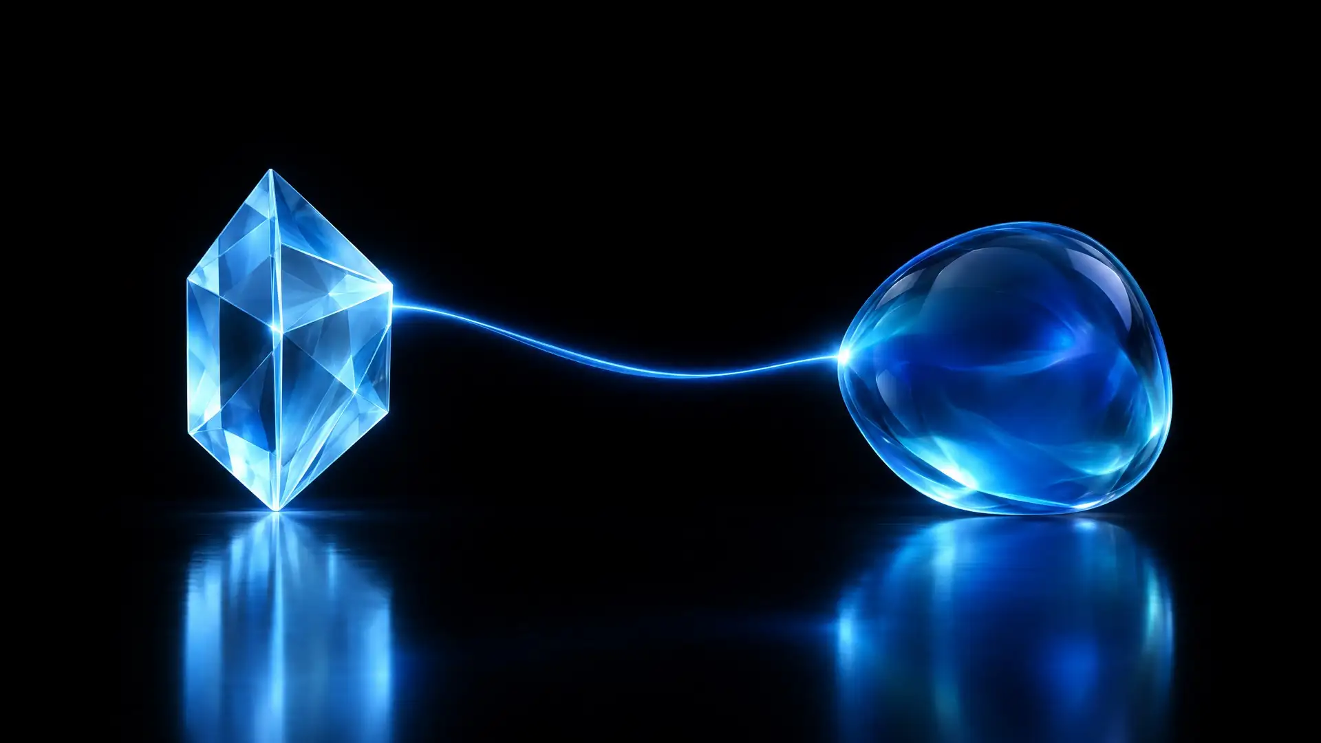 Imagem abstrata em fundo escuro: à esquerda, um prisma de vidro facetado em azul-gelo; à direita, uma forma de vidro arredondada em azul-oceano; um fio de luz liga os dois, sem texto.