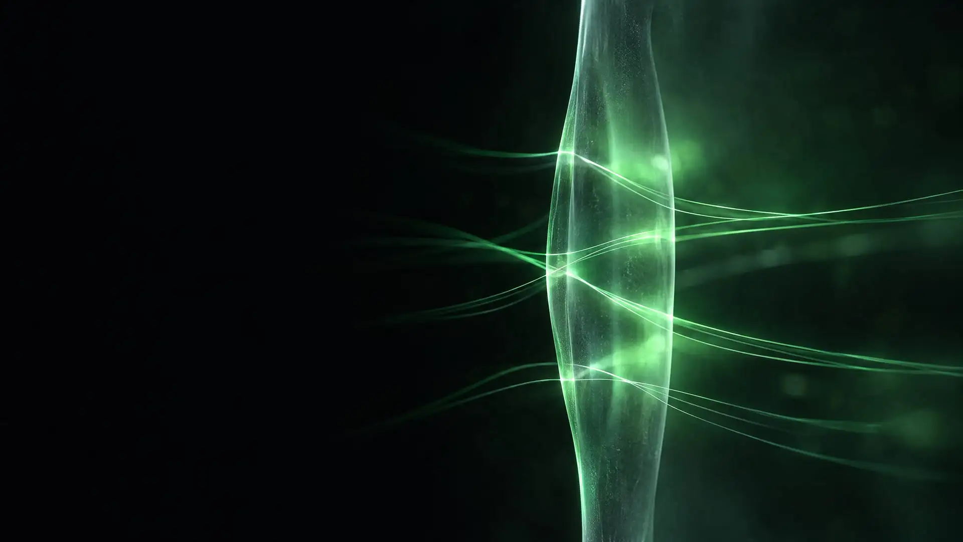 Imagem abstrata escura com uma membrana de vidro translúcido que bloqueia a maior parte da luz e deixa passar feixes verdes só em alguns pontos, sem texto.