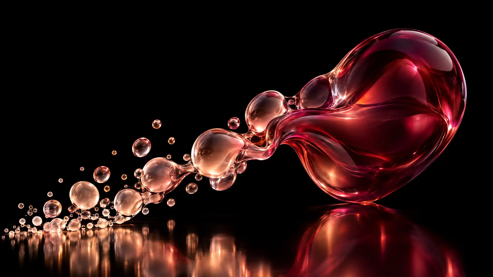 Imagem abstrata em fundo escuro: pequenas bolhas de vidro cor de pêssego sobem em fila e se fundem numa forma maior de vidro cor de vinho, sem texto.