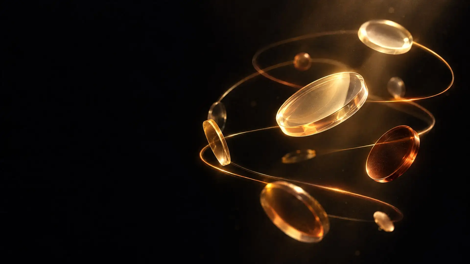 Imagem abstrata em fundo escuro, com luz dourada, âmbar e cobre atravessando fitas de vidro translúcido.
