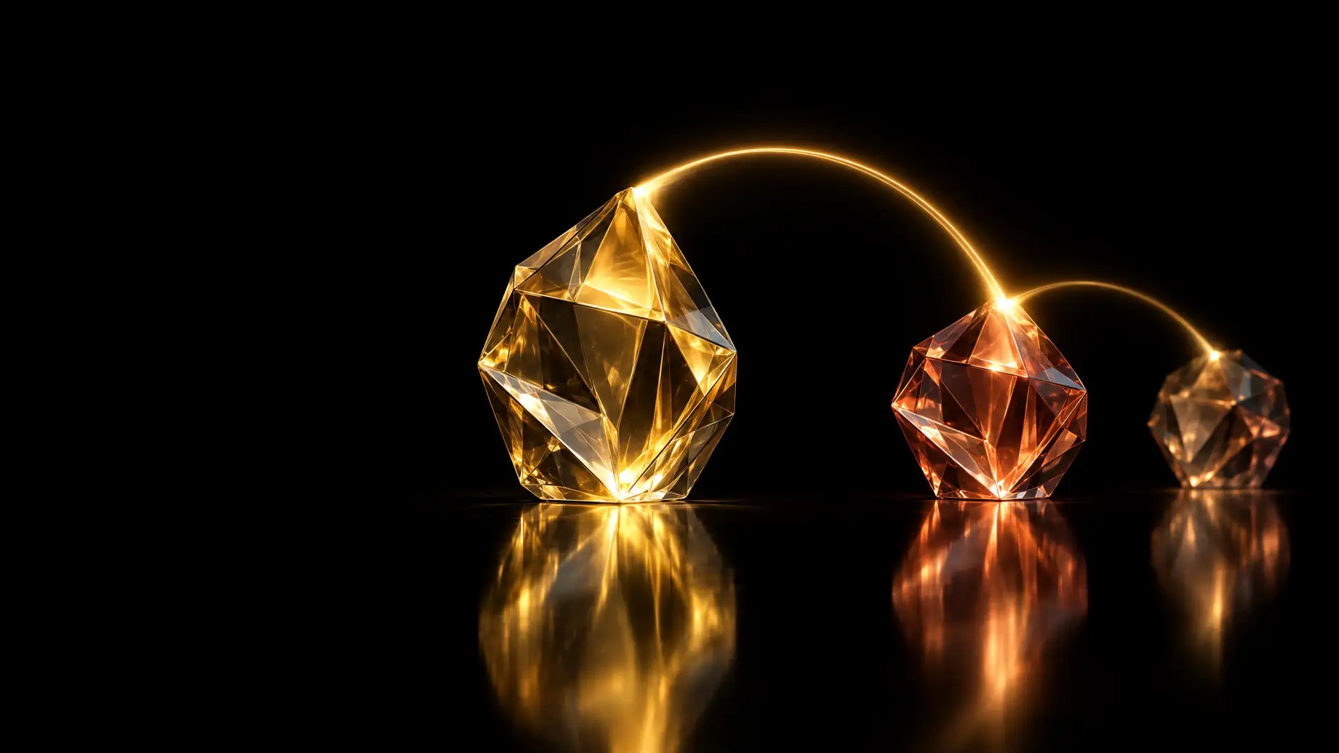 Imagem abstrata em fundo escuro: um cristal de vidro facetado em dourado lança um arco de luz que acende um segundo cristal cor de cobre, e dele um terceiro, menor, sem texto.
