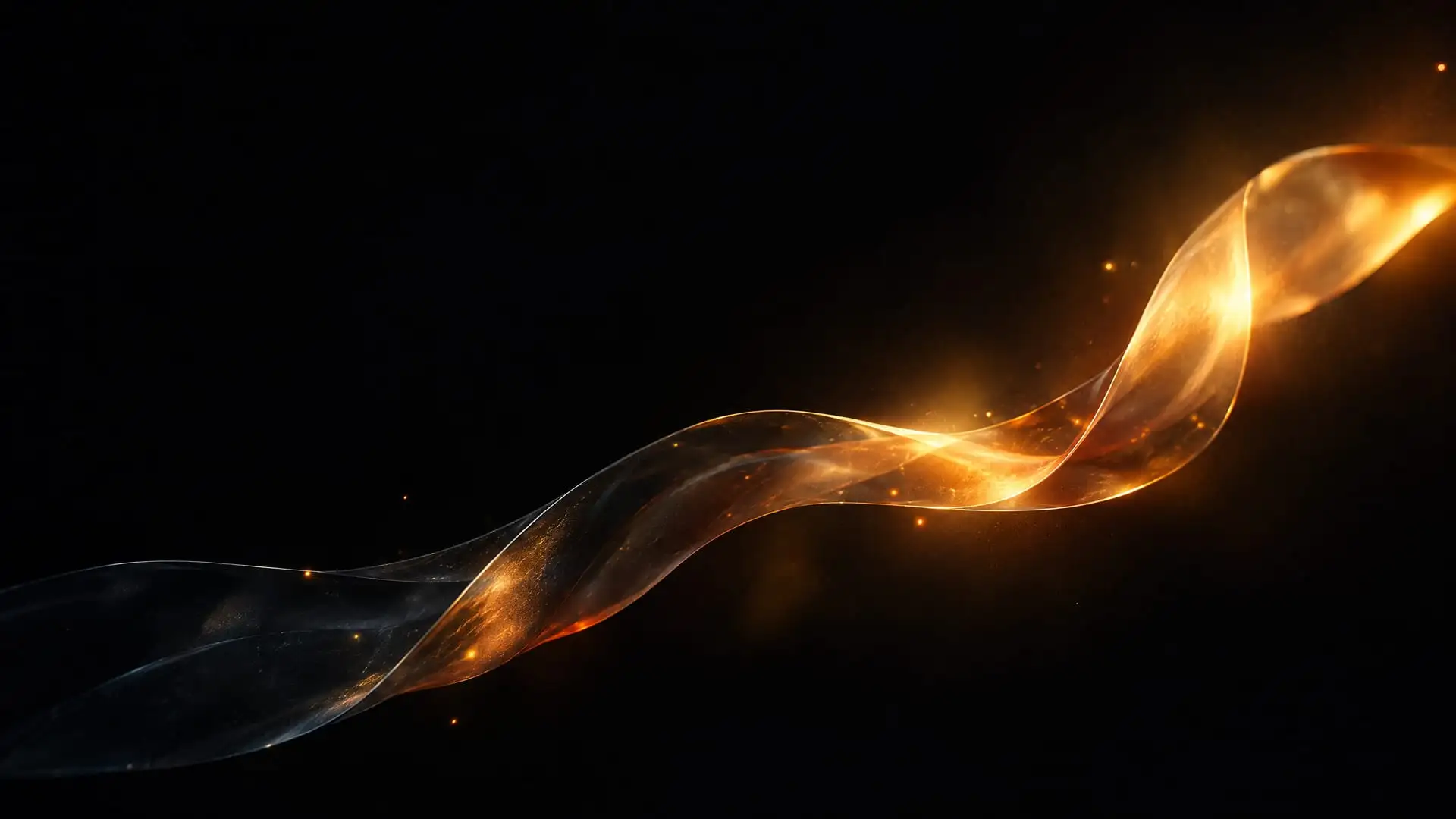 Imagem abstrata em fundo escuro: uma brasa de vidro fria e apagada volta a acender por dentro com luz dourada e cobre, enquanto fios finos de luz retornam até ela de vários pontos, sem texto.