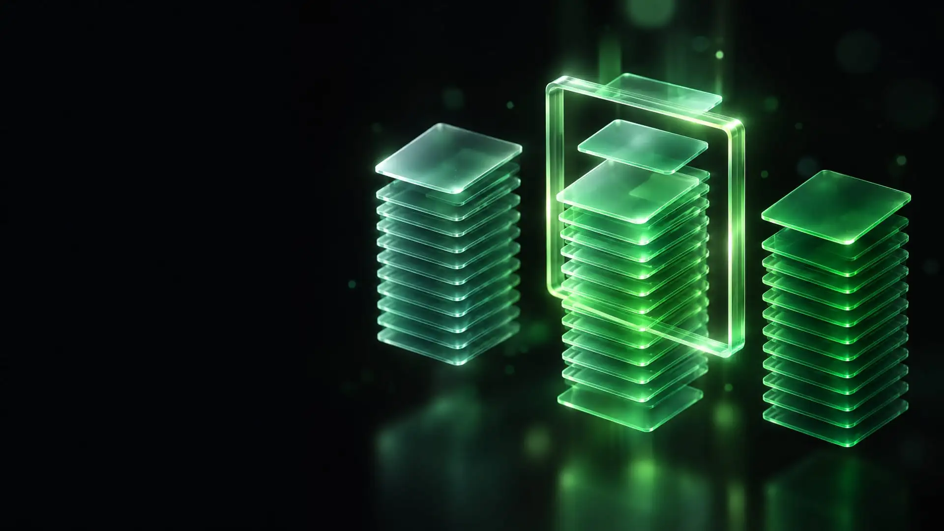 Imagem abstrata escura com três pilhas de cartões de vidro translúcido iluminados por luz verde; alguns cartões atravessam uma moldura luminosa, sem texto.