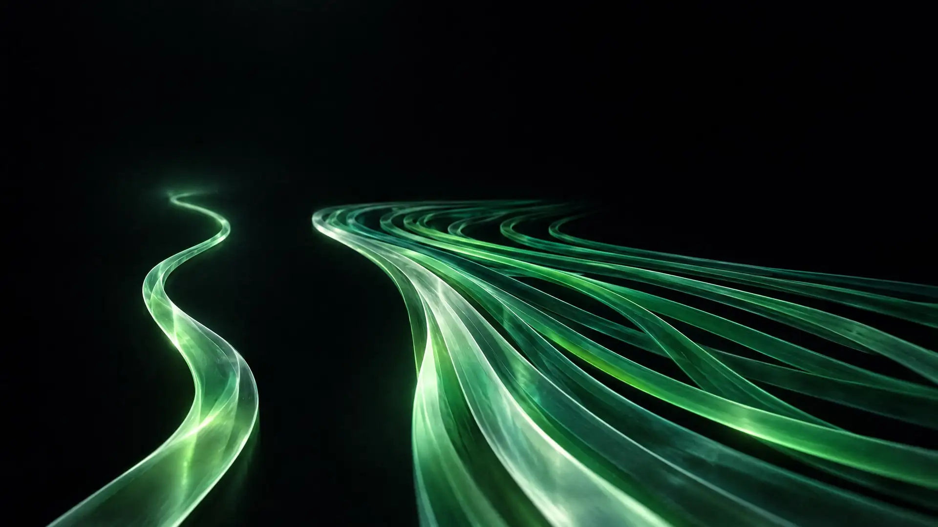 Imagem abstrata escura com faixas de vidro translúcido que se curvam, atravessadas por luz verde-menta e verde vivo, sem texto.